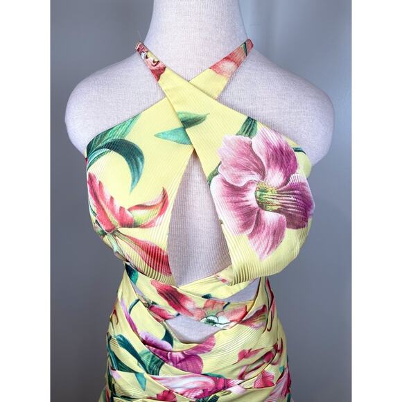 PATBO Laelia Cutout Floral Halterneck Criss Cross Yellow Mini Dress Size 4 - Picture 4 of 8